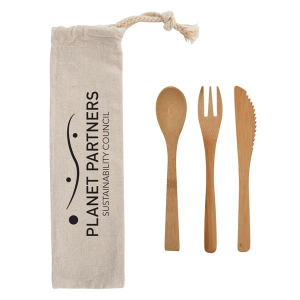 3 Piece Bamboo Utensil Set In Travel Pouch